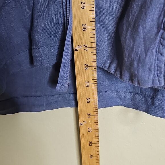 Flax Small Linen Hooded Women's Blue Jacket With Contrast Cotton Knit Sleeves - Picture 8 of 9